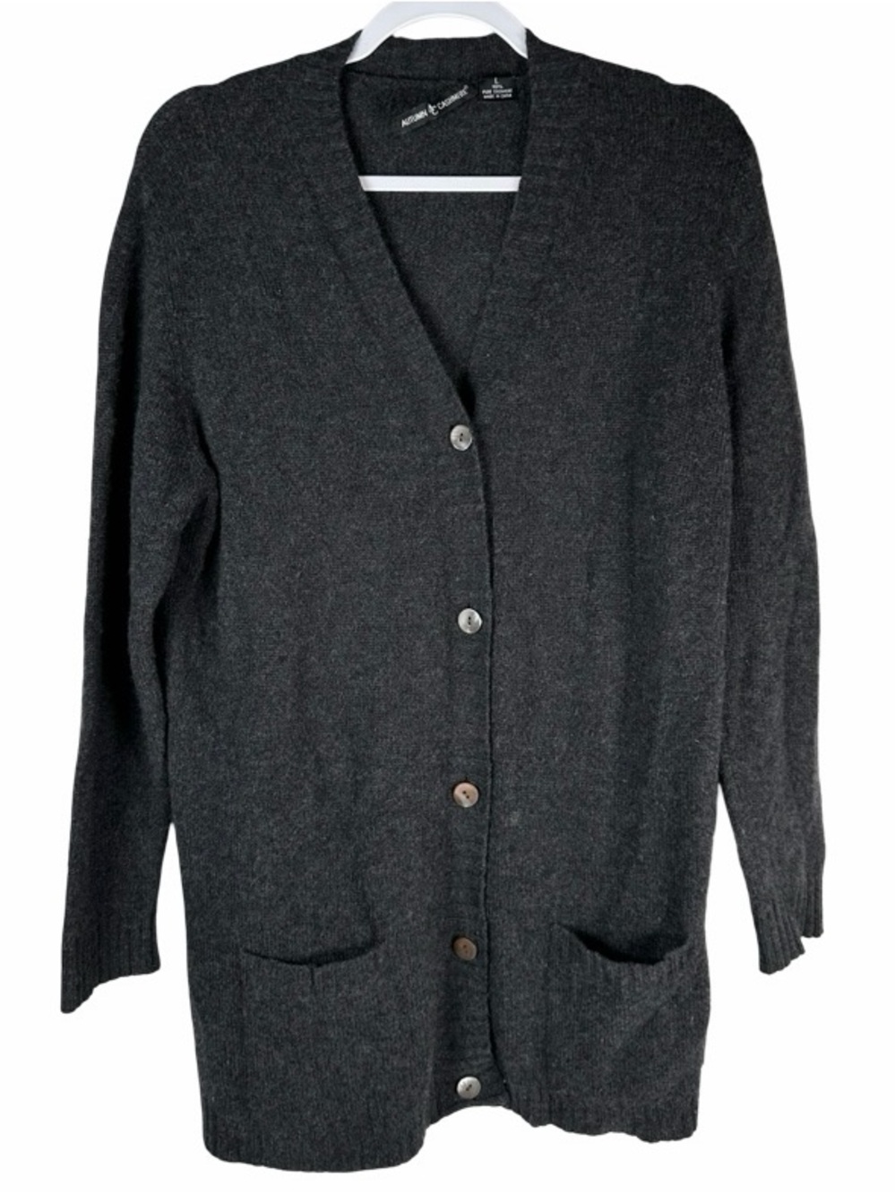 Autumn Cashmere Charcoal 100% Pure Cashmere Button Up Cardigan Sweater Large